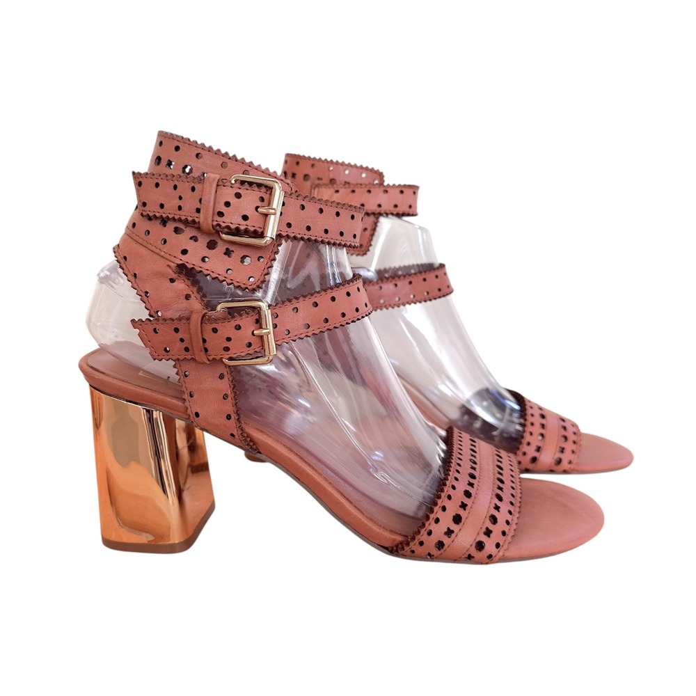 Dolce Vita Sandals Womens 9 Tan Leather Perforated Rose Gold Block Heel Boho